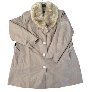 Dennis Basso 2X Faux Fur Collar Belted‎ Coat Women's Taupe Lightweight NEW
